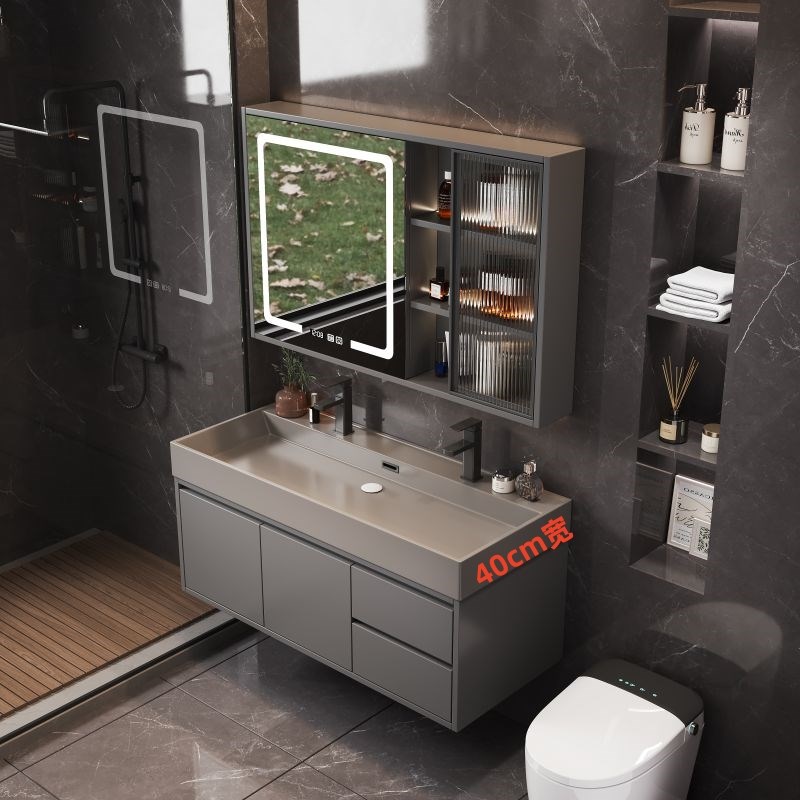 轻奢灰双龙头一体盆浴室柜组合小户型卫生间洗漱台40cXm宽洗手脸