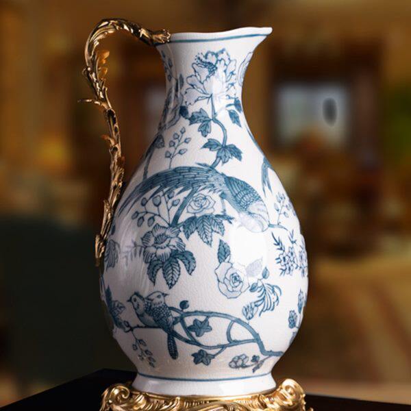 欧式创意陶瓷配铜家居装饰摆件 中式家居客厅玄关插花花瓶工艺品
