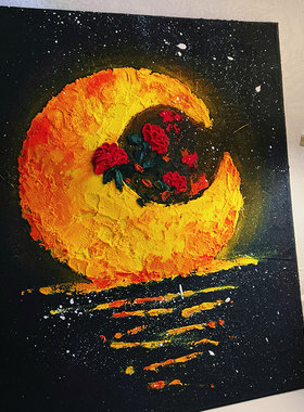 月亮玫瑰送给你~石英砂肌理材料数字油彩画diy填充手工绘画画涂色