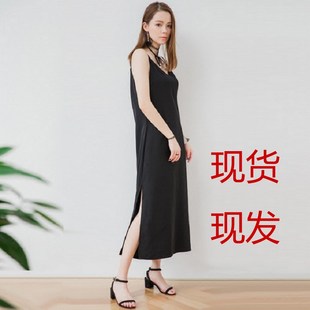 不透 大码 2021春夏黑色加长款 A字直筒显瘦V领侧开衩吊带连衣裙女装