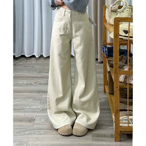 春夏高腰双色牛仔阔腿裤女显瘦
