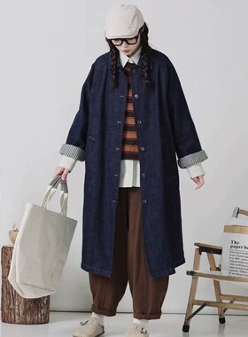 初唯33110双层中长款宽松大码简约牛仔外套风衣女2024秋冬款33285