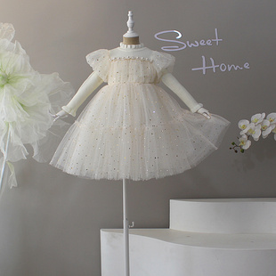 女童洋装2023秋冬新款女宝超仙发光毛衣裙泡泡袖生日礼服公主裙