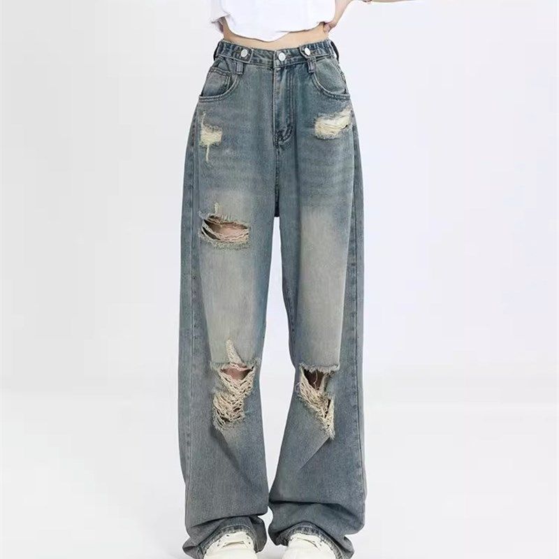 特大码复古破洞设计牛仔裤女胖mm梨形身材高腰宽松显瘦百搭阔腿裤,女装/女士精品,大码裤装,淘宝优惠券,粉丝福利购,淘宝优惠卷