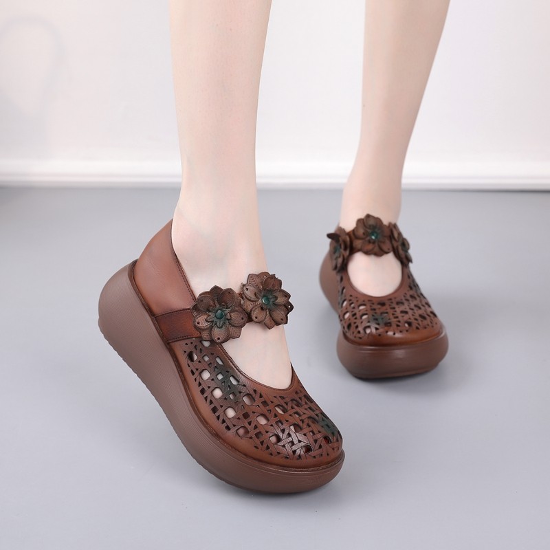 软底真皮女鞋妈妈鞋夏民族风复古手工花朵厚底松糕鞋凉鞋包跟皮鞋,女鞋,洞洞鞋,淘宝优惠券,粉丝福利购,淘宝优惠卷