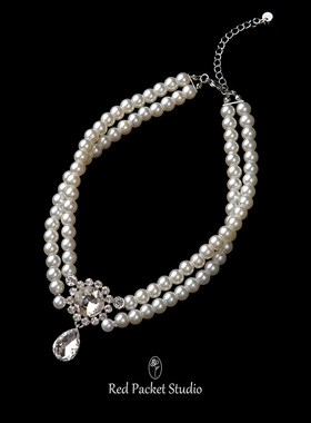 红口袋法式复古轻奢双层珍珠项链超闪水滴吊坠颈链新娘晚礼服写真