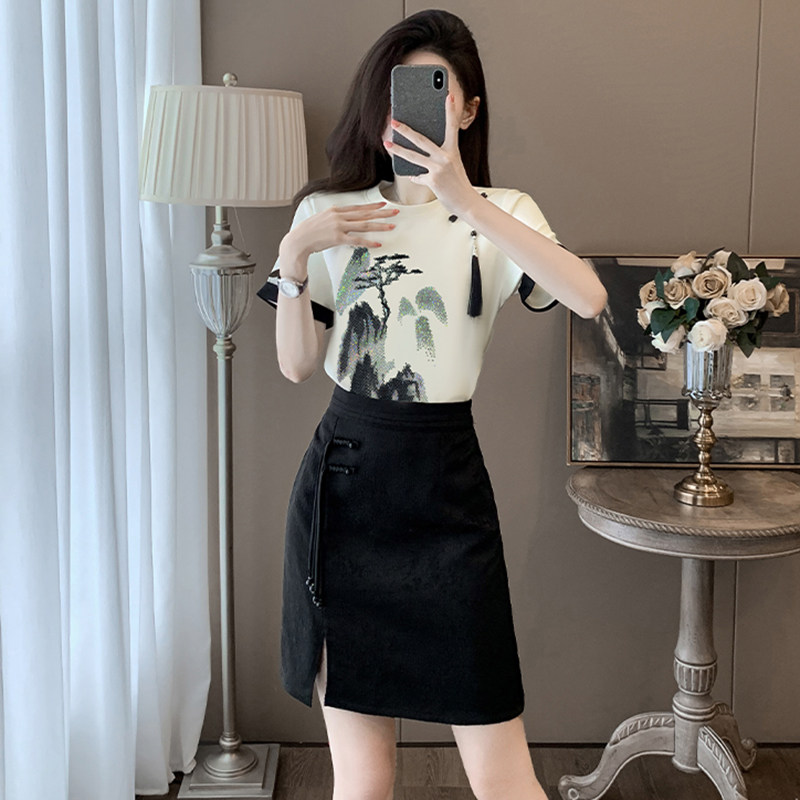 新中式国风休闲套装裙女夏季水墨画盘扣短袖T恤开叉半身裙两件套,女装/女士精品,真丝上装,淘宝优惠券,粉丝福利购,淘宝优惠卷