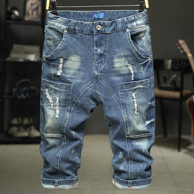 夏季多口袋工装牛仔短裤男七分裤破洞水洗大码7分中裤潮2023夏天,男装,牛仔裤,淘宝优惠券,粉丝福利购,淘宝优惠卷