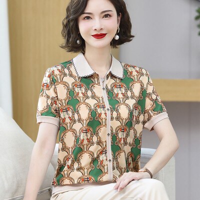 妈妈夏装冰丝短袖T恤2024新款中老年人时尚翻领女士小衫洋气套装