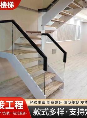别墅叠踏梯双梁玻璃楼梯室内别墅阁楼复式楼梯组装式钢木楼梯