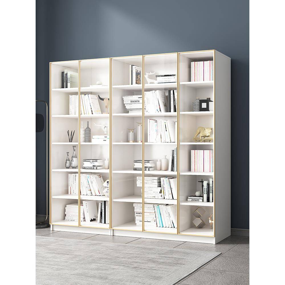 实木书架带玻璃门落地现代简约一体靠墙白色书房置物轻奢书柜