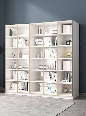 实木书架带玻璃门落地现代简约一体靠墙白色书房置物轻奢书柜