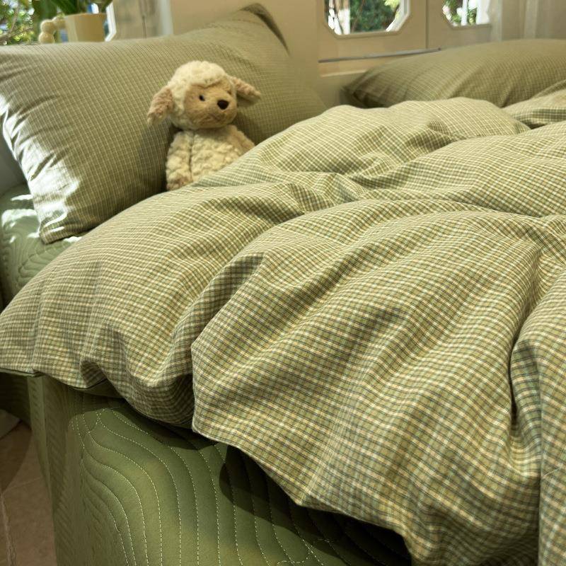 A类全棉色织水洗棉床盖四件套日式简约格子纯棉被套夹棉床单床笠4