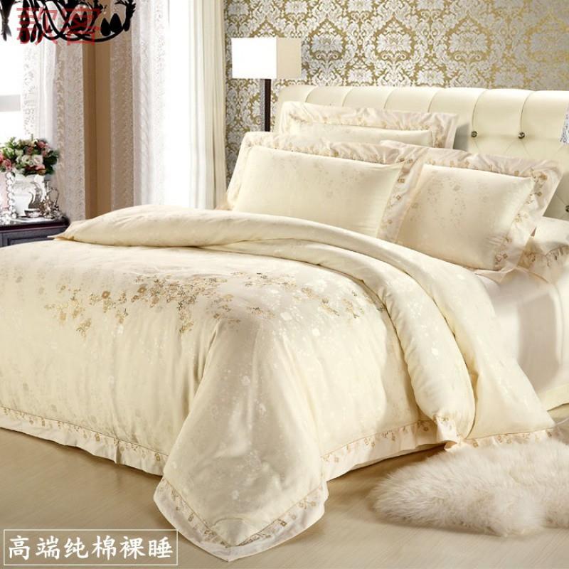 hVq欧式全棉贡缎提花四件套纯棉结婚庆长绒棉天丝床笠1.8m被套2.