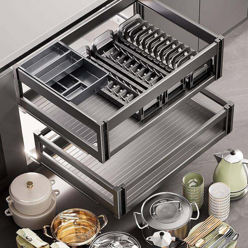 拉篮厨房橱柜太空铝双层抽屉式碗架收纳调味内置橱柜铝合金碗碟篮,电子元器件市场,其它元器件,淘宝优惠券,粉丝福利购,淘宝优惠卷