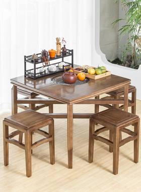 实木围炉桌煮茶桌配碳烤炉冬天小院儿围炉煮茶原木圆形茶几新中式