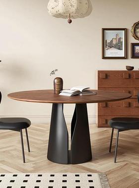 圆桌家用小户型现代法式中古风实木复古胡桃色拼花圆形餐桌椅组合