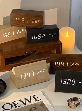 时尚木质LED时钟闹钟桌面台式夜光电子学生床头钟卧室小台钟摆件