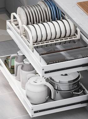 厨房置物拉篮免打孔安装可伸缩厨房碗筷置物架橱柜免打孔收纳架子