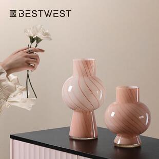 Bestwest粉色条纹葫芦水培玻璃花瓶摆件家居软装样板间装饰花器