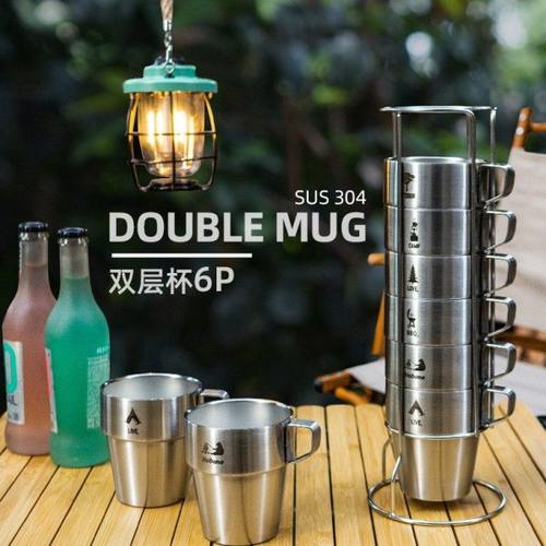 户外304不锈钢双层杯6件套露营便携水杯隔热野营杯高温防烫咖啡杯
