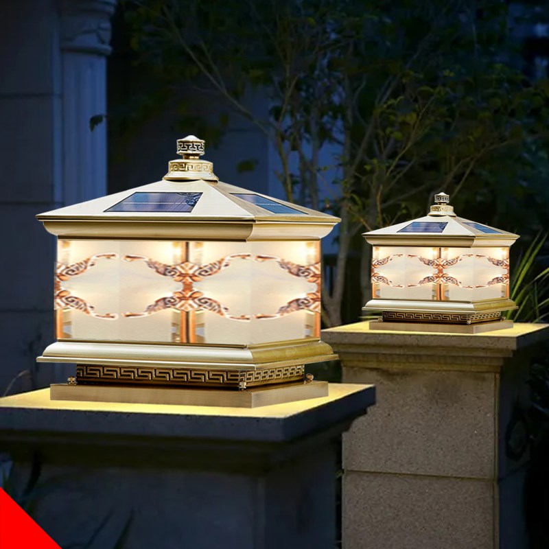 太阳能全铜柱头灯户外防水花园景观庭院J灯室外别墅大门围墙柱子