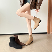 羊猄绒面 内增高8cm小个子粗跟短靴女秋冬季 加绒方头瘦瘦弹力单靴
