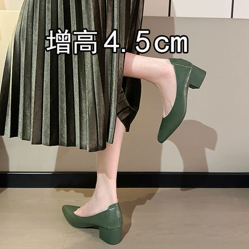 羊皮版~通勤风尖头浅口单鞋女粗跟时尚绿色百搭舒适奶奶鞋一脚蹬