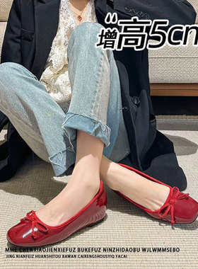 羊皮版~内增高5cm红色蝴蝶结方头浅口单鞋女一脚蹬芭蕾舞鞋不累脚