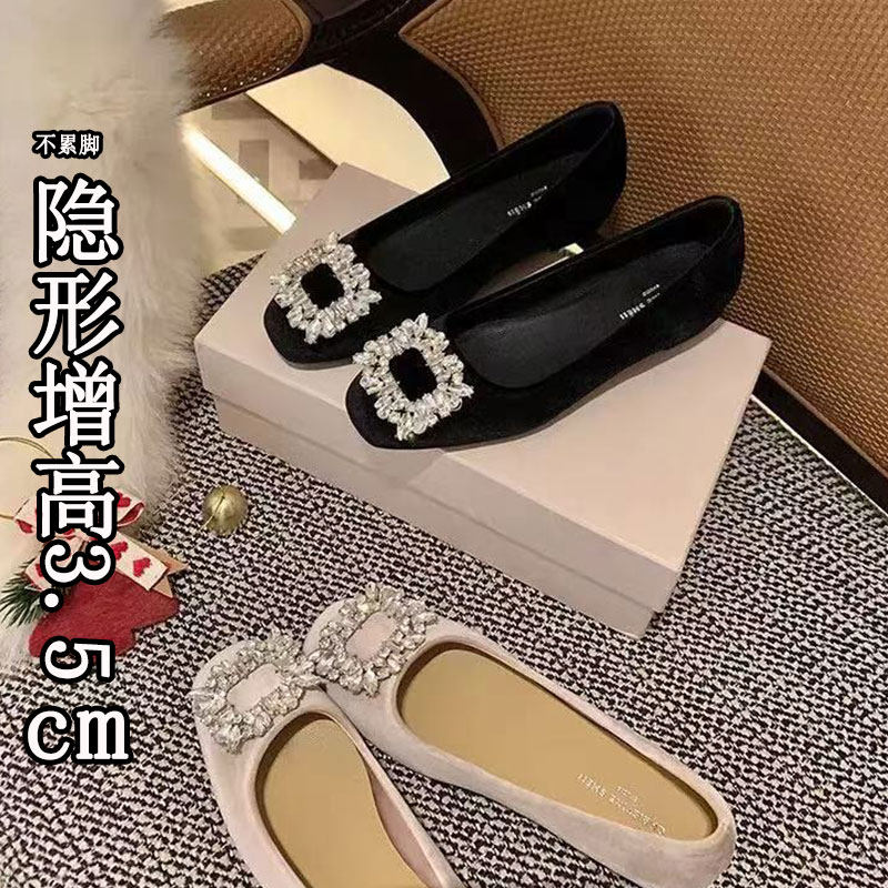 羊猄绒面~通勤风水钻方扣浅口单鞋女内增高3.5cm气质淑女鞋一脚蹬