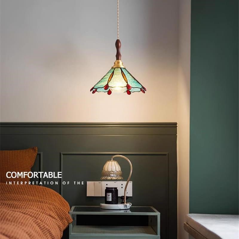 法式覆古全铜卧室床头吊灯彩色玻B璃小吊灯中古过道餐厅民宿吧台