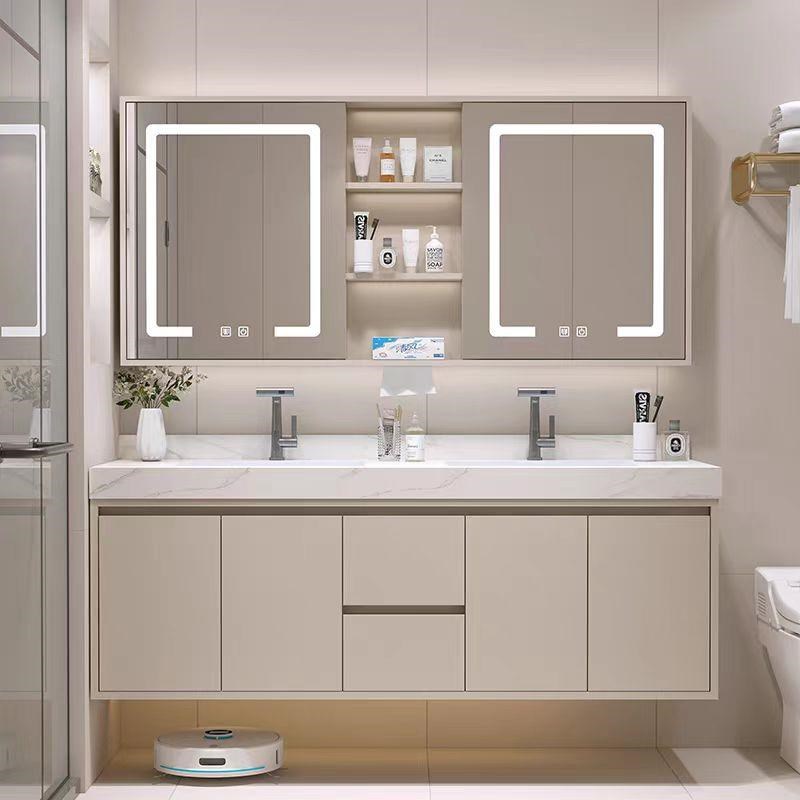 岩板无缝一体双盆浴室柜组合现代简约卫生间洗漱台洗手Z脸盆柜落