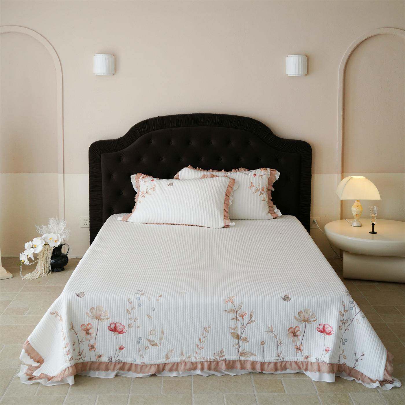 60支凉感植物纤维绿野仙踪花卉刺绣床盖少女风荷叶蕾丝边绣花夏被