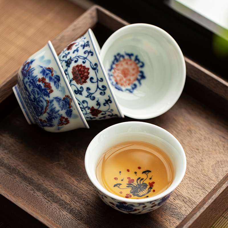 永乐手工仿古缠枝莲青花压手杯茶杯陶瓷套装主人杯品茗杯节日送礼