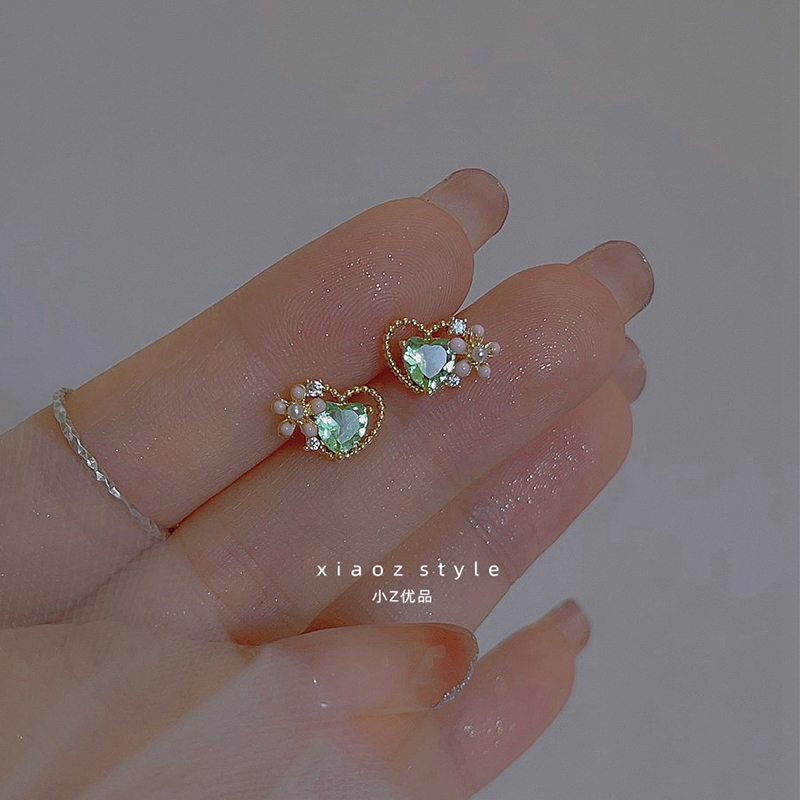 夏季清新绿锆石爱心耳针小花202B3新款爆款时尚小巧日常百搭耳饰