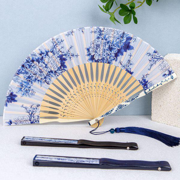 丝艺堂女士扇子中国风青花瓷古典古风折扇女式舞台道具工艺扇