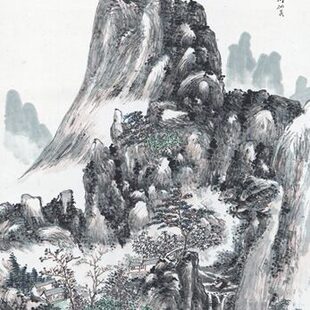 近代黄宾虹山水图原大条幅茶楼装饰高清复制品微喷卷轴范本挂画
