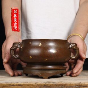 苏工纯铜点金象耳底座套炉 耳彝炉宣德套炉香薰炉铜炉家用工艺品
