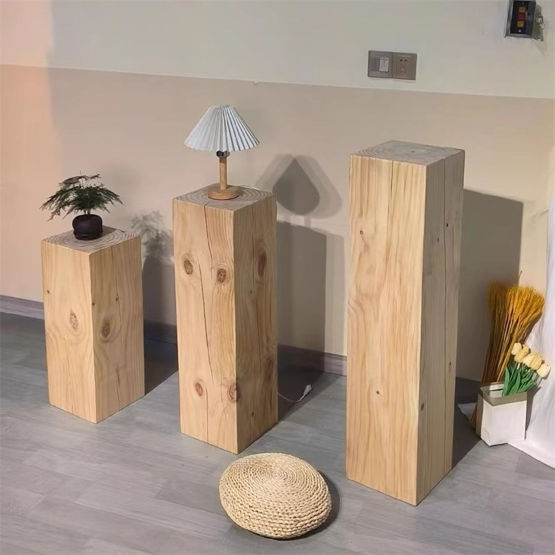 侘寂风玄关原木摆件木墩子底座增高实木树桩木墩方形W花架根雕凳