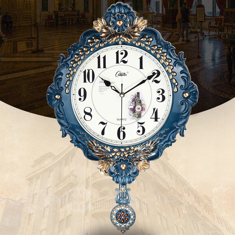 康巴丝16e英寸欧式玻璃挂钟客厅北欧创意摇摆静音扫秒机芯家用复