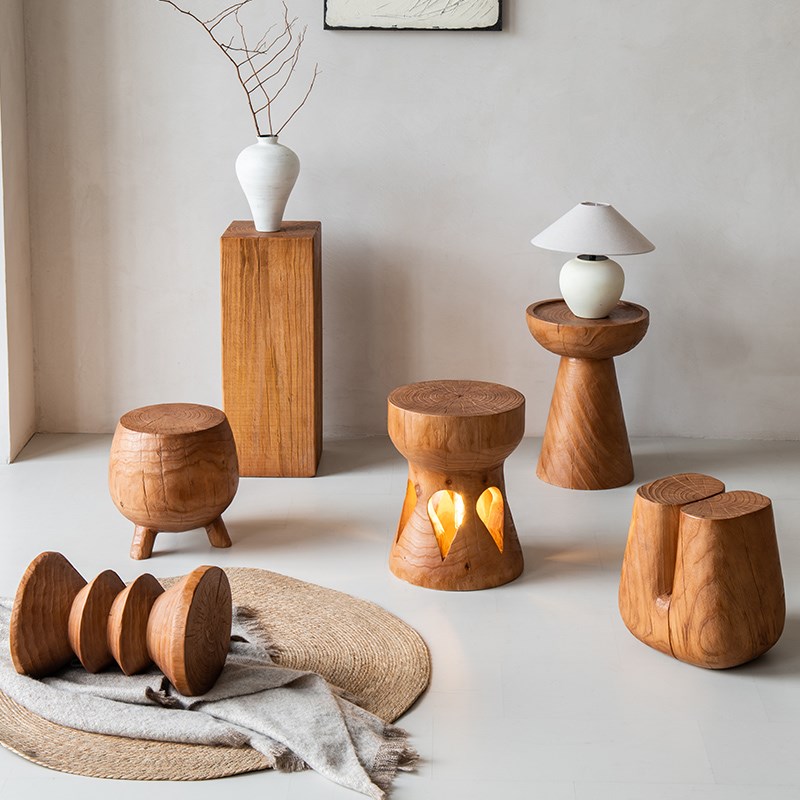 实木墩子民宿酒i店摆件床头柜原木凳子沙发边角几茶几根雕矮凳花