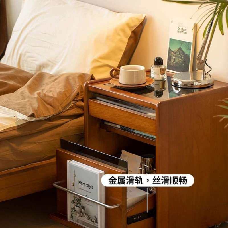 橡胶木实木床头柜复古卧室置物柜移动收纳小户型中古超窄床边柜