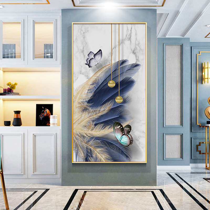 蓝色羽毛玄关装饰画现代简约轻奢风竖版过道走廊尽头挂画进门入户