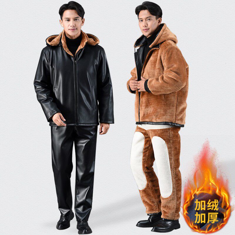 冬季款防风防水皮衣皮裤套装男士代驾摩托骑行服加绒加厚保暖外卖