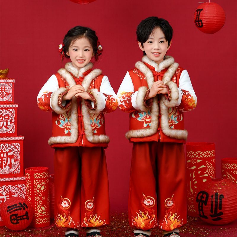 男女童拜年服2025新款哪吒冬装加厚中国风儿童过年喜庆新年衣服