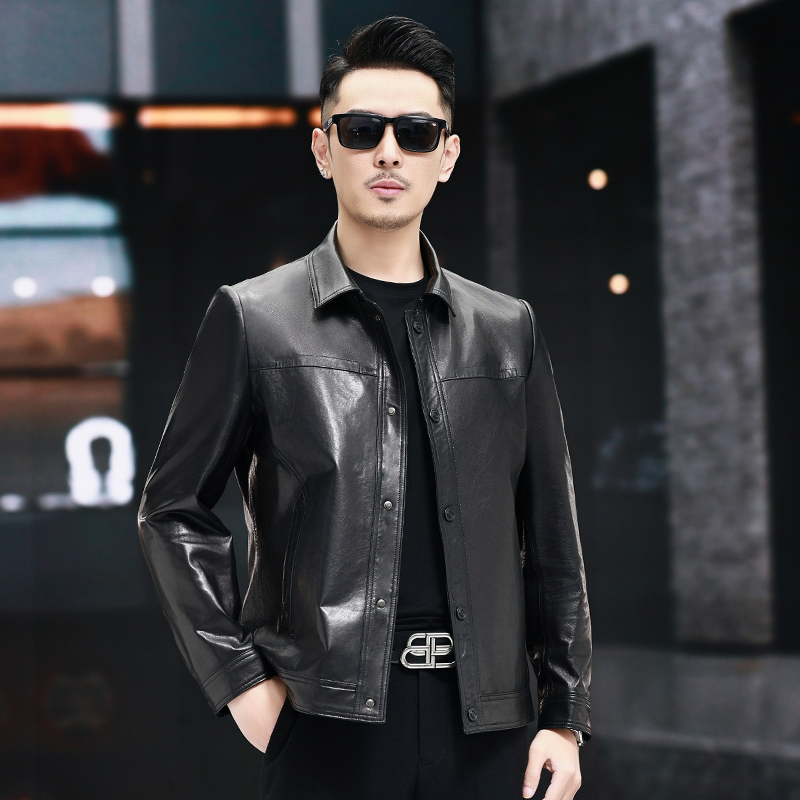 秋冬新款海宁真皮皮衣男士翻领山羊皮衬衫款单皮休闲夹克短款外套