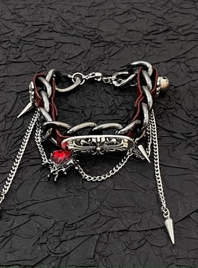 合金皮质手链 S0469-1时尚长链个性设计感暗黑高级感美式重工熔岩