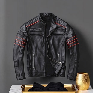 头层牛皮真皮皮衣男哈雷刺绣机车服摩托车骑行皮夹克潮流男装 外套