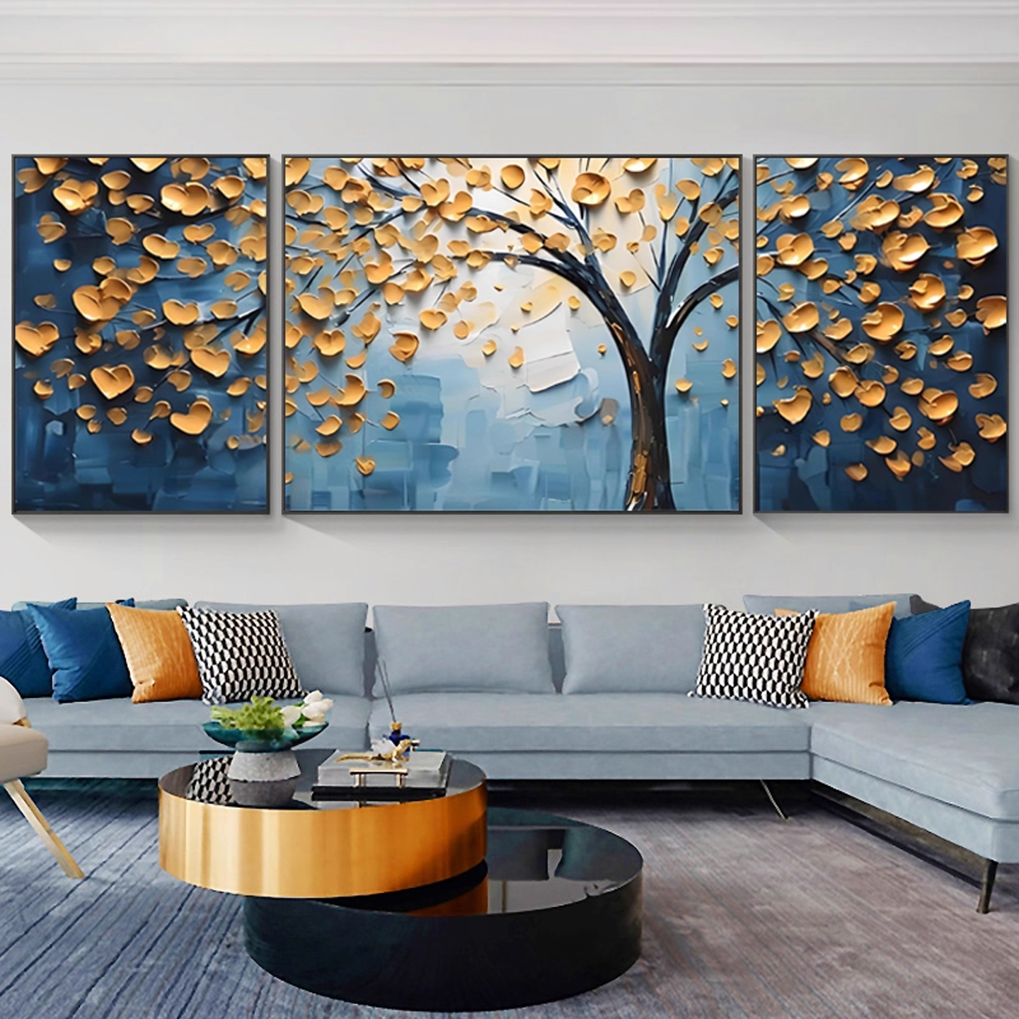 金色发财树手绘油画客厅装饰画寓意好沙发背景墙立体肌理感三联画