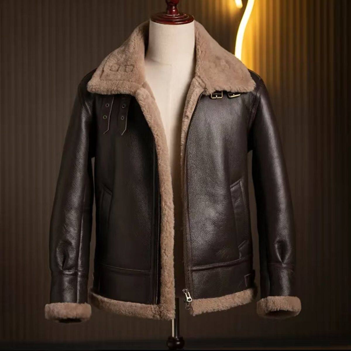 B3皮帽一体外套羊皮毛冬季原生态机车皮毛真皮皮衣棕加厚夹克皮草